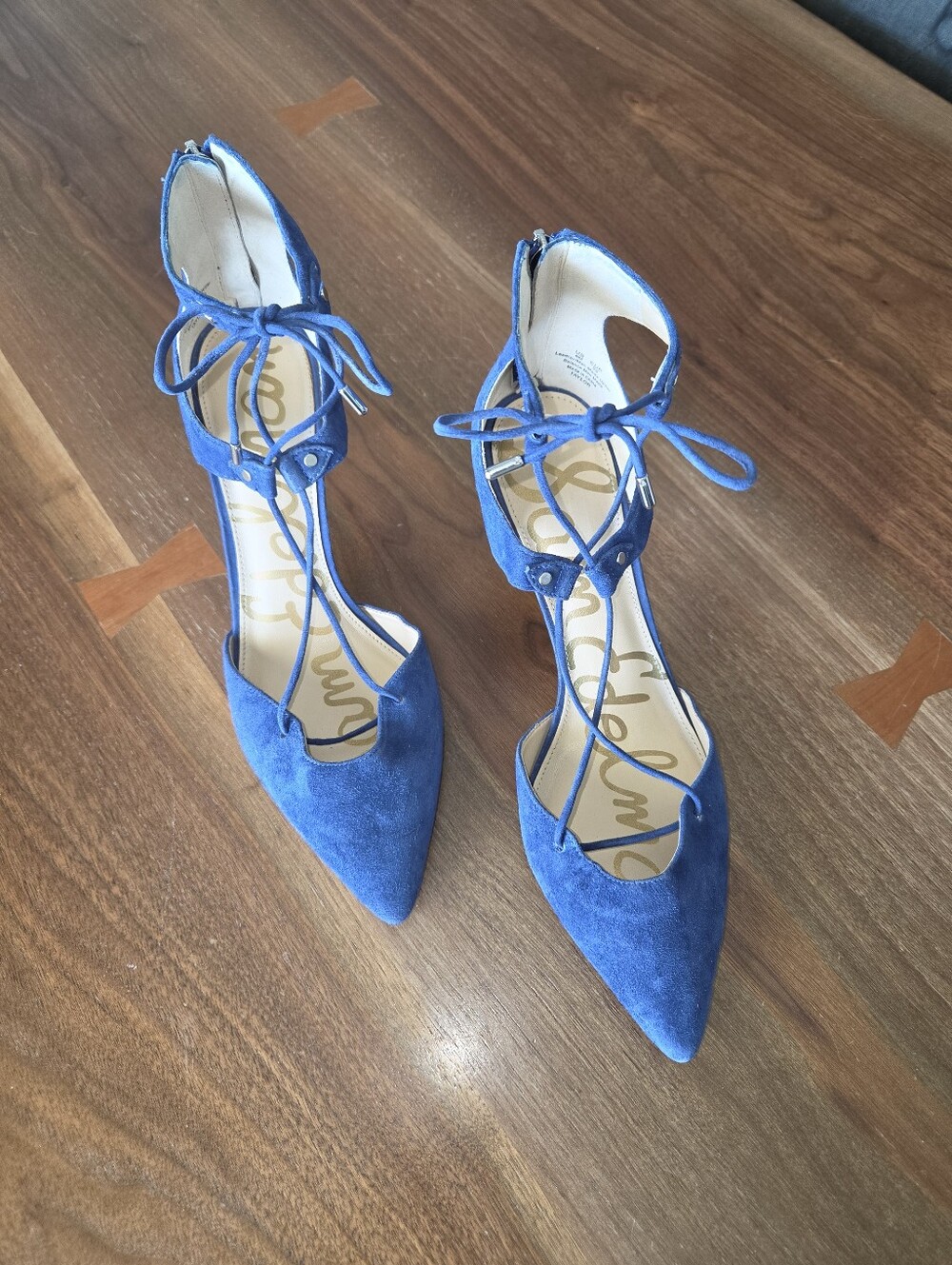 Sam Edelman Blue Suede Lace-Up Pointed Toe Heels